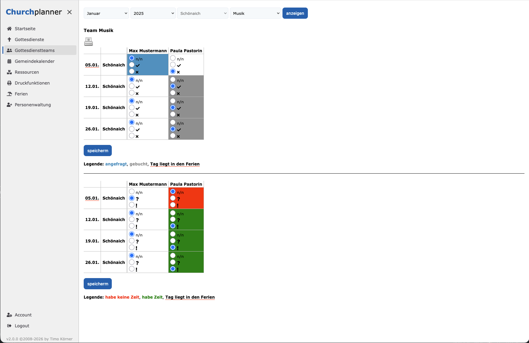 Gottesdienstteams Verfügbarkeit